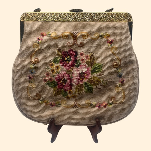 1950s Vintage Floral Needlepoint Handbag with Chain Handle